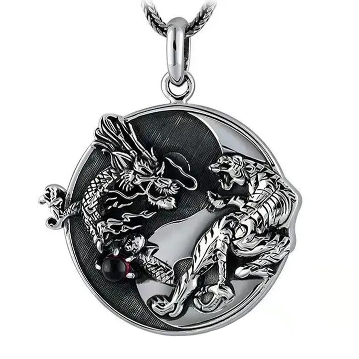 Lant retro cu pandantiv ying and yang si cristal rosu, model tigru cu dragon, tematica good vs evil, unisex, argintiu, EFAYN