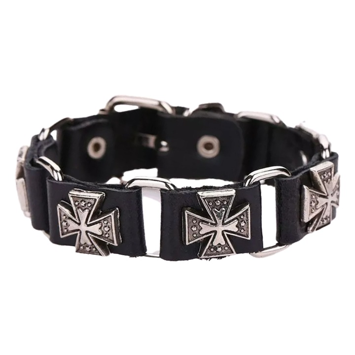 Bratara retro punk, model cu cruci multiple, tematica religioasa, reglabila, unisex, neagra, EFAYN