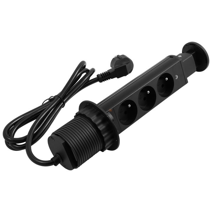 Prelungitor de mobilier, Priza incorporabila turn, tripla, diametru 60 mm, negru