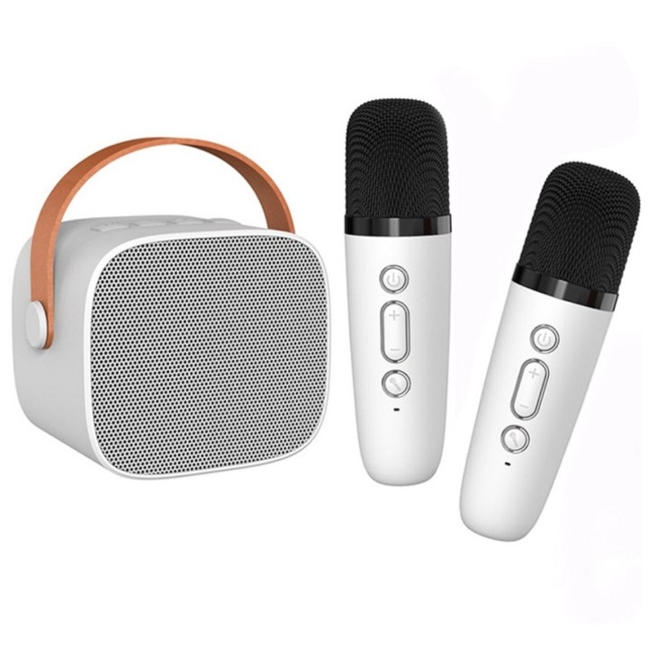 Boxa portabila tip karaoke cu 2 microfoane incluse, wireless, Bluetooth, TF card, pentru copii si adulti potrivita pentru petreceri in familie, Alb