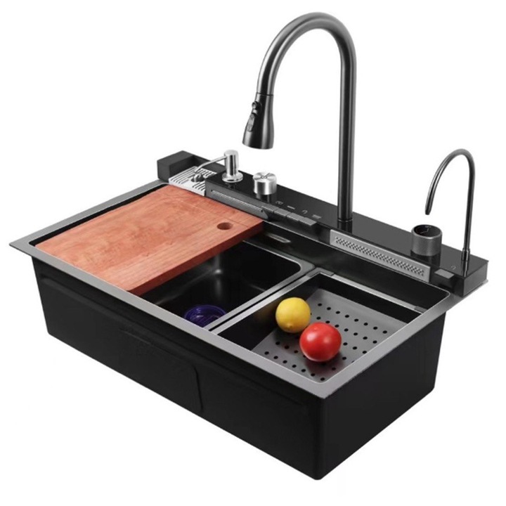 Chiuveta multifunctionala 7546X cu 2 cascade cu accesorii incluse, afisaj digital LED a temperaturii si robinet cascada, culoare negru grafit, dimensiune 750x460mm