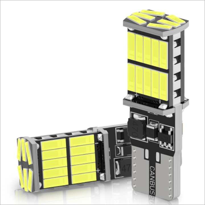 Set 2 becuri LED T10 W5W Canbus PyAuto®, 26 leduri, SMD 4014, 900 lumeni 12V, cu radiator racire, pentru lumini pozitii, portbagaj, plafoniera, puddle light oglinzi, lumini ambientale, semnalizare, marsalier, drl, ceata etc, lumina alb pur 6000k