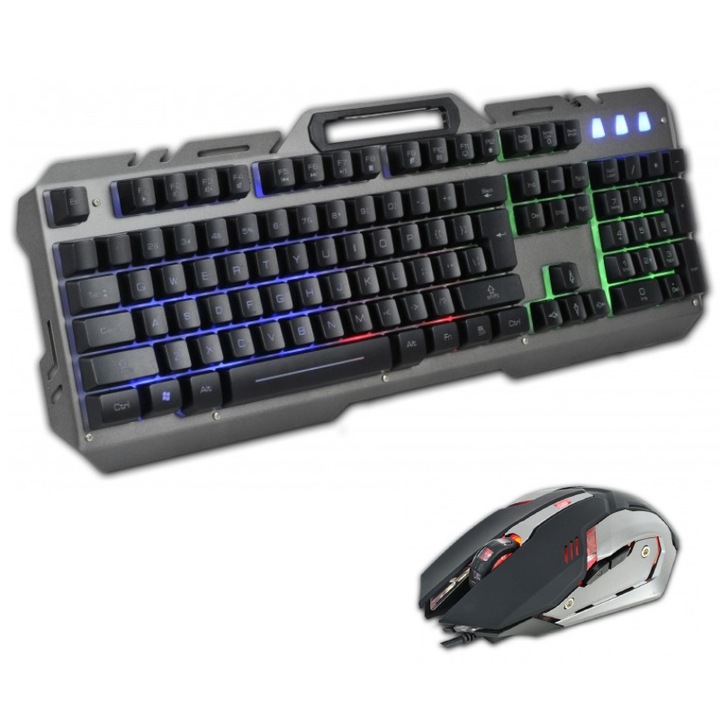 Kit Gaming NYTRO Interceptor 2, Mouse si Tastatura Constructie MetalIca cu Suport Smartphone, Iluminare RGB, Grey