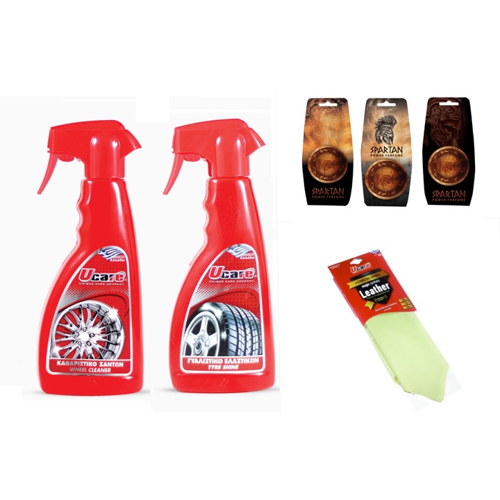 Kit ingrijire Ucare, contine: o solutie de curatat jante, o solutie de anvelope, o laveta chamois superabsorbanta, 48 x 55 cm si 3 odorizante auto Spartan
