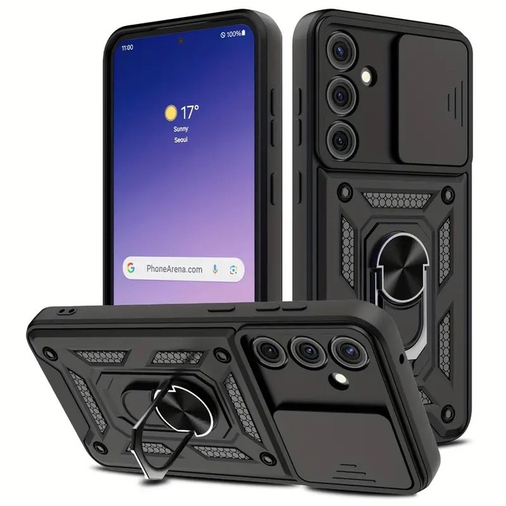 Калъф за телефон Mat-Tech, съвместим със Samsung Galaxy S24, Slide and Snap Soft Premium Camera Protection, Magnetic Ring Holder, PopGrip, Anti-Shock, Rugged Protection, Черен