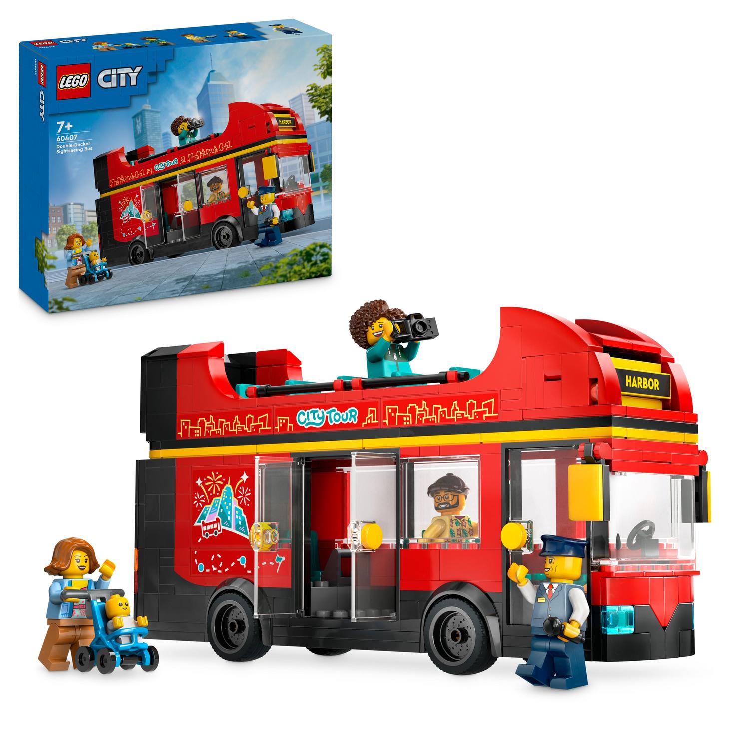 Set de constructie LEGO® City - Autobuz turistic rosu cu etaj 60407, 384 piese, Jucarii pentru Copii, Jucarii pentru Baieti de 7+ ani, Autobuz de Jucarie, Cadouri pentru Baieti Pas