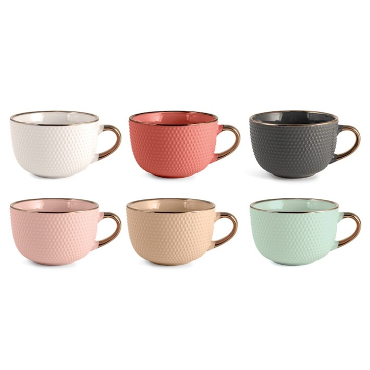 Set 6 cesti xxl pentru mic dejun Dots, H&H, texturate, ceramica, culori asortate, 510 ml