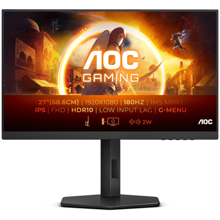 AOC 24G4X Gaming monitor 24", Full HD, IPS, 180hz, 1ms GTG, tükröződésmentes, HDR10, Pivot, fekete