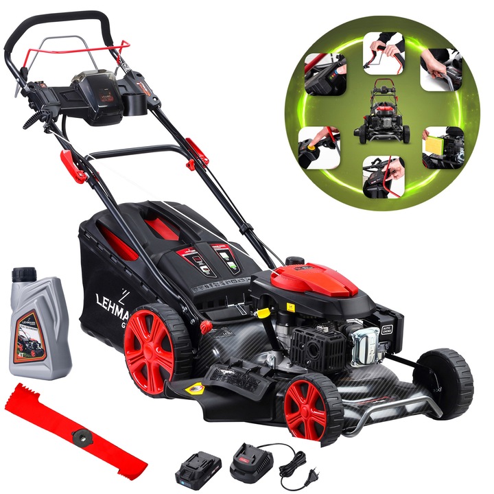 Бензинова косачка за трева, Lehmann LGALM-4053EL, 4в1, електрически старт, самоходна, 5,44 HP, 196 CC, 2800 RPM, 53 cm работна ширина, 70 L кош