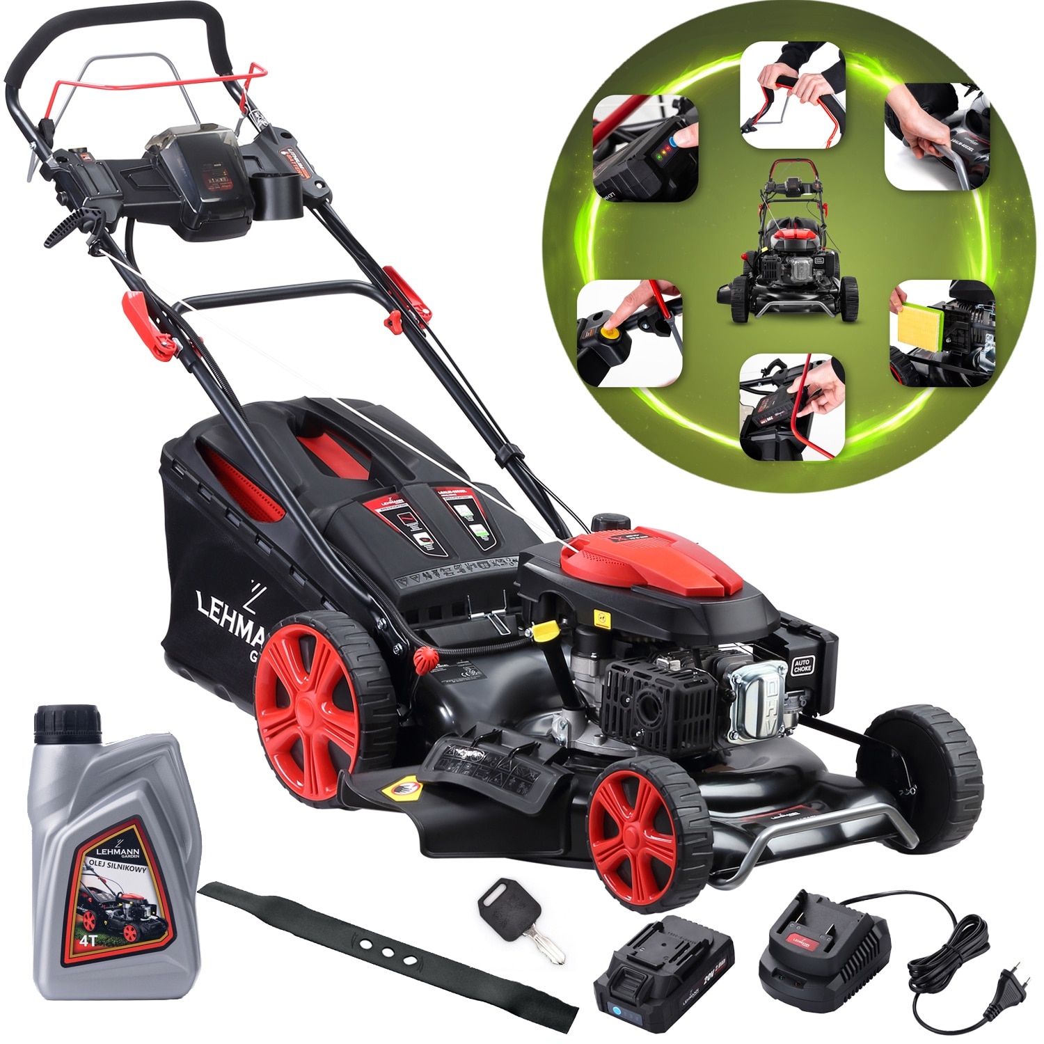 Masina De Tuns Gazon Iarba Pe Benzina, Lehmann LGALM-4053EL, 4in1, Pornire Electrica, Autopropulsata, 5.44 CP, 196 CC, 2800 RPM, 53cm Latime Lucru, cos 70L