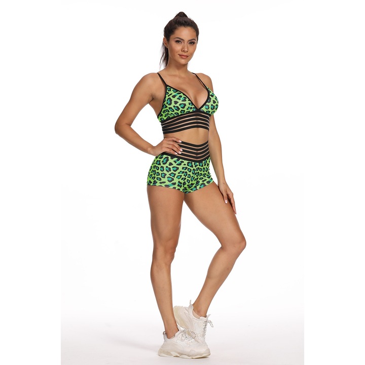 Set bustiera si pantaloni scurti sport WildFashion, Poliester, Verde/Animal print
