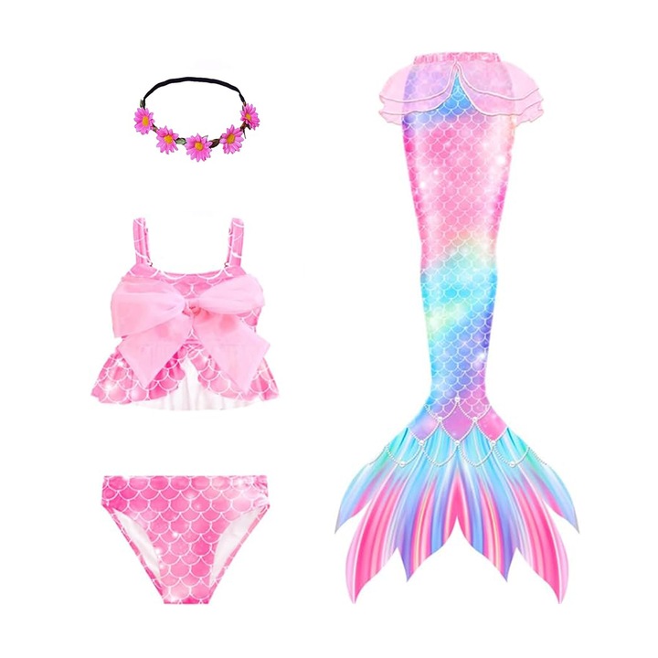 4 darabos Mermaid fürdőruha szett, virágos fejpánttal, Rózsaszín