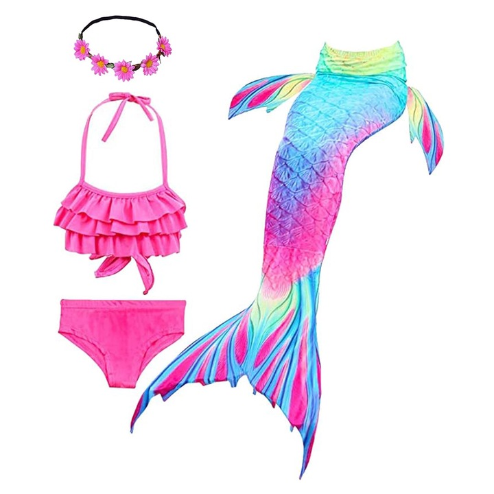 Set 4 piese Costum de baie Sirena, cu banda pentru cap cu flori, Roz/Albastru deschis