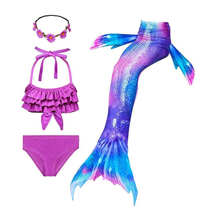 4 darabos Mermaid fürdőruha szett, virágos fejpánttal, Lila/Kék