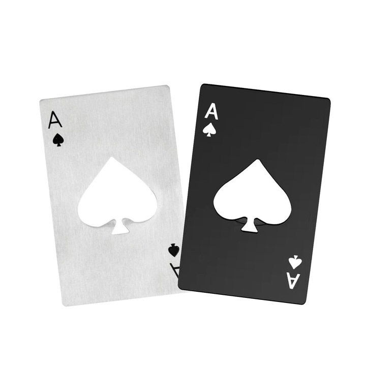 Комплект от 2 отварачки за бира, OEM BTG-788, enkourakoko, бутилки, неръждаема стомана, форма на карта за игра асо пика, съвместим с портфейл, Черен/сребрист