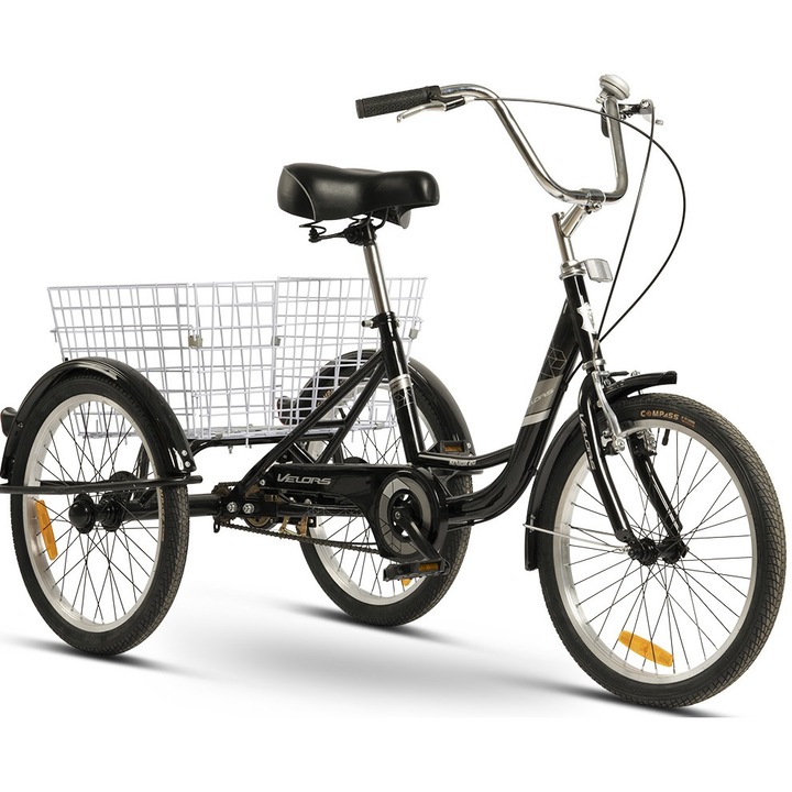 Bicicleta Triciclu cu Roti de 20", Frana fata V-Brake/spate Tambur, 1 viteza, negru/argintiu, Tricicleta Velors Genius Senior 20 cu cadru din Otel