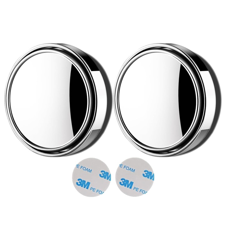 Set 2 Oglinda auxiliara, pentru unghi mort, enkourakoko®, rotatie 360, impermeabil, HD, 50 mm, rotunde, Argint