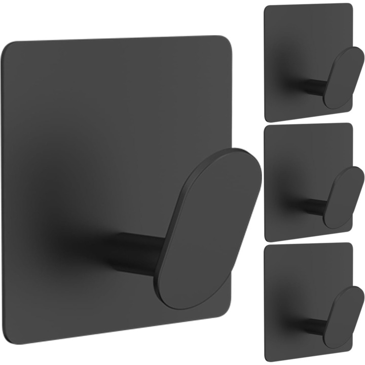 Set 4 Carlige tip Cuier de Baie, enkourakoko®, Inox, Montare cu Benzi Autoadezive, Rezistenta de pana la 3 Kg, Negru