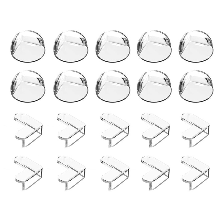 Set 20 Coltare din Silicon pentru Protectie Ridicata la Colturile Mobilei, enkourakoko®, pentru Siguranta Copii, din Silicon, 10 Rotund, 10 Triunghi, Transparent