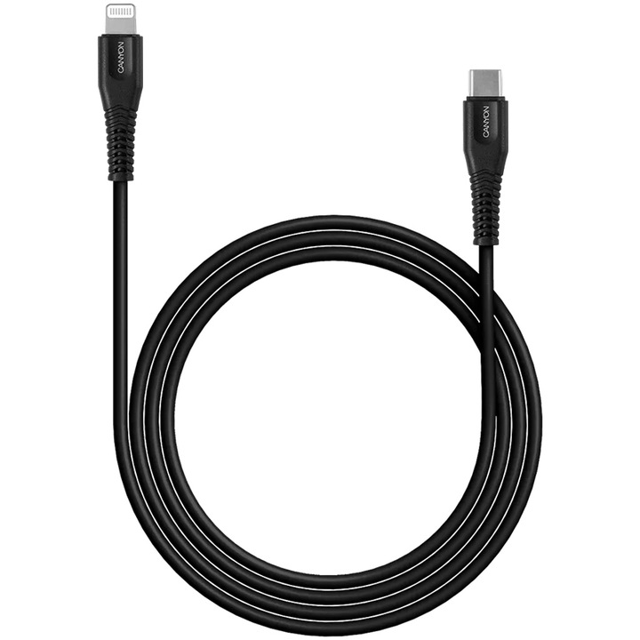 Cablu de date Canyon MFI-4 Certificat Apple MFI 1.2m USB-C la Lightning, Negru