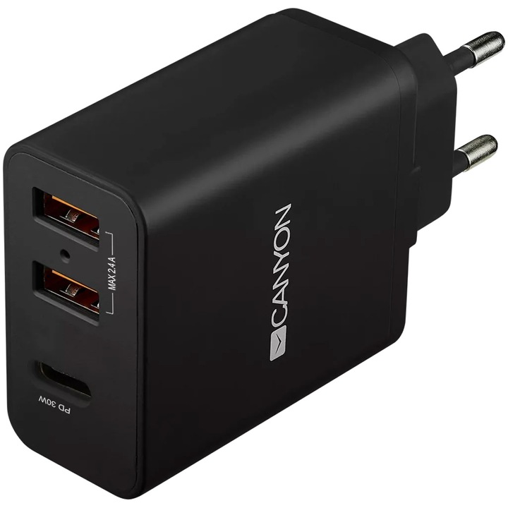 Canyon H-08 hálózati töltő, 2 USB 2.4A Smart Charge port, 1 PD Quickcharge 20 W port, fekete