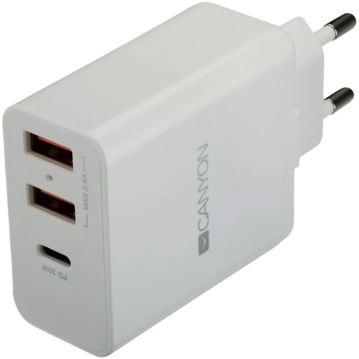 Canyon H-08 hálózati töltő, 2 USB 2.4A Smart Charge port, 1 PD Quickcharge 20 W port, fehér