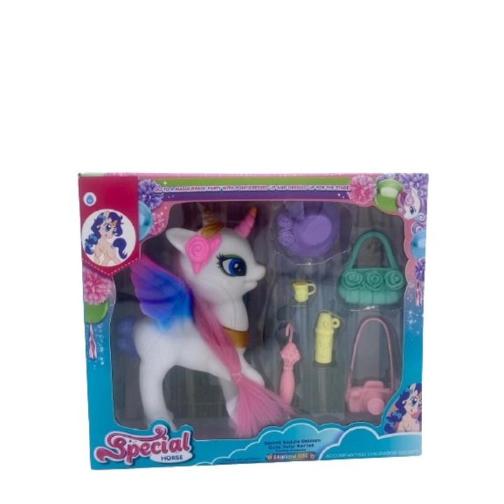 Hercegnő póni figura kiegészítőkkel, sapka, táska, fényképezőgép, esernyő, termosz, bögre, 16 cm, 3 év +