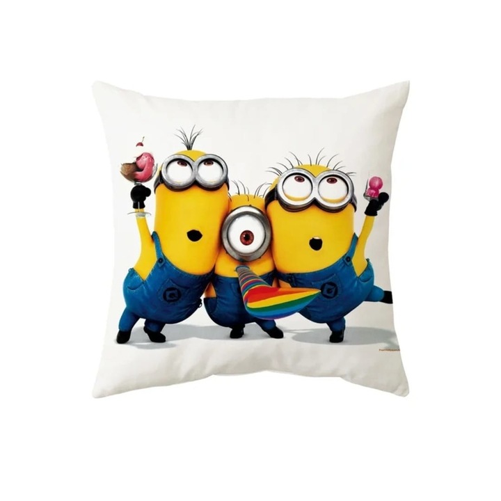 Perna personalizata pentru copii, tip Minionii, multicolor, 45 cm x 45 cm