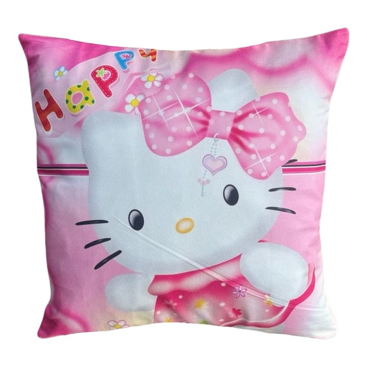 Perna personalizata pentru copii, tip Hello Kitty, roz, 45 cm x 45 cm