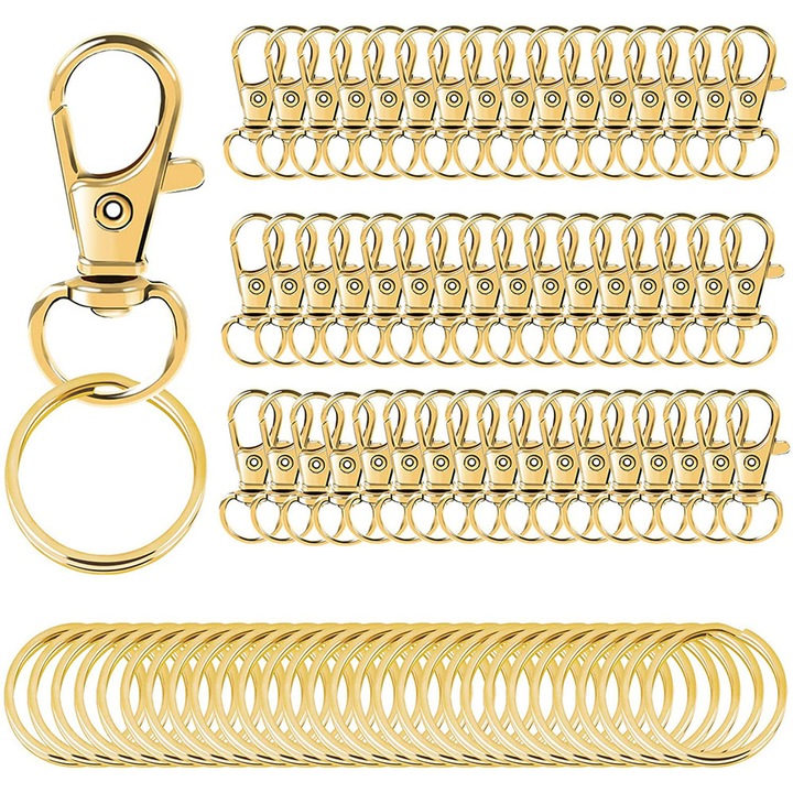 Set breloc, Axroad Mall, 100 de bucati, impermeabil si rezistent la rugina, Protectie impotriva coroziunii, Pentru animale de companie, jucarii suspendate, chei de masina si alte obiecte mici, Aliaj de zinc, 3.2*2.5*1 cm, Auriu