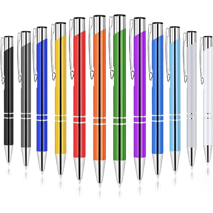 Комплект от 12 химикалки, с черно мастило, JENUOS®, металик, Многоцветен