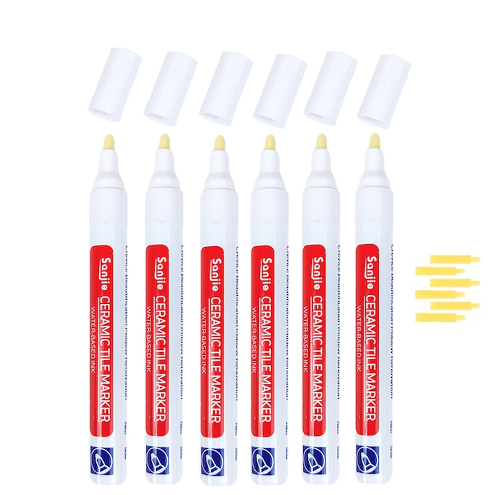 Комплект 6 молива за коригиране на плочки Axroad Mall, Със сменяем накрайник, Бързо съхнещ, Водоустойчив, Защита от мухъл, За кухни, бани, веранди, Пластмаса, 10*138 мм, Бял
