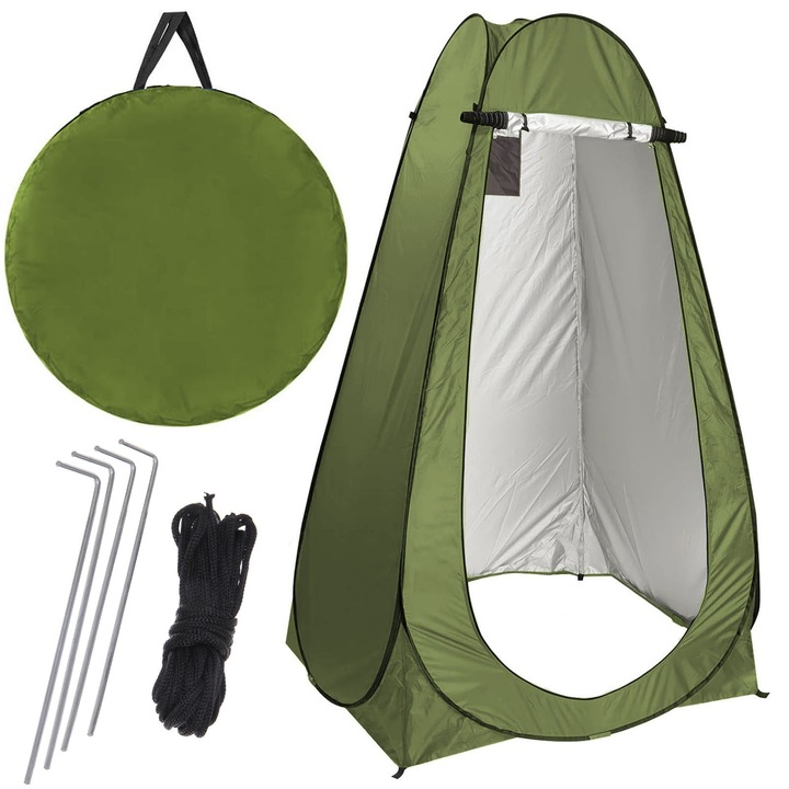 Cort de dus/toaleta/vestiar pliabil cu protectie UV, Axroad Mall, 120X120X190 cm, Formare automata, Impermeabil, Design cu doua ferestre, Se livreaza cu varfuri, sfoara si punga de depozitare, Tesatura acoperita cu argint, Verde