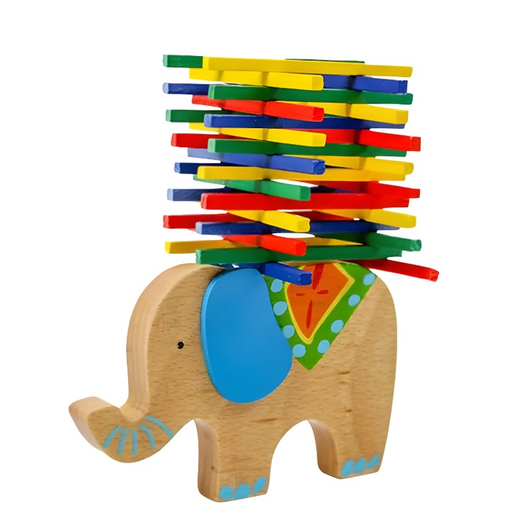 Интерактивна играчка за сортиране и подреждане, Слон с дървени пръчици, Стимулира вниманието и сръчността, 15x11x1,5 см, +3 години, Помощ едно