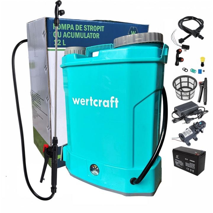 WertCraft 12L permetező szivattyú akkumulátorral, fúvókákkal és nyomásszabályozóval, 8 ah, 2,6l / perc, 5,5 bar