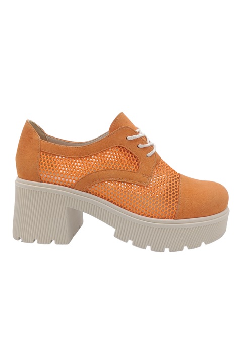 Pantofi dama casual piele intoarsa cu plasa siret talpa masiva wedge cu striatii orange magma, Orange Magma