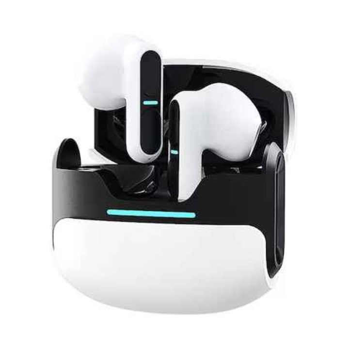 Casti Wireless Audio, fara fir, Bluetooth 5.3, Microfon, TWS, Touch control, Noise Cancelling, bass puternic, Mod gaming cu efect dinamic, Carcasa magnetica, Rezistente la apa, Latenta redusa, Universale, Culoare Alb