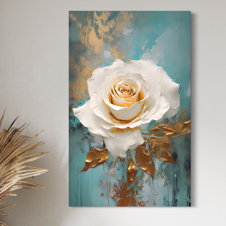 Tablou Canvas Premium, LuxCanva® A1469, Trandafirul Alb, 70 X 110 CM, Panza Bumbac 100% 400g/m2, Sasiu Lemn, Room, Floare, Planta, Fir De Aur, Dormitor, Culori Vibrante