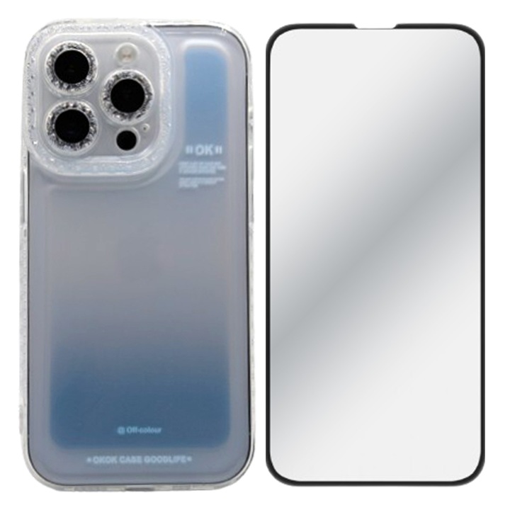 5D Secure Glass Film Set, Crystal Clean, Full Screen Cover és Silicon Hard TPU tok Apple Iphone 14 Plus telefonhoz, OPTIM SOLUTION, matt kék árnyalat gradiens dizájn, ultra védelem, tökéletes vékony illeszkedés, kék