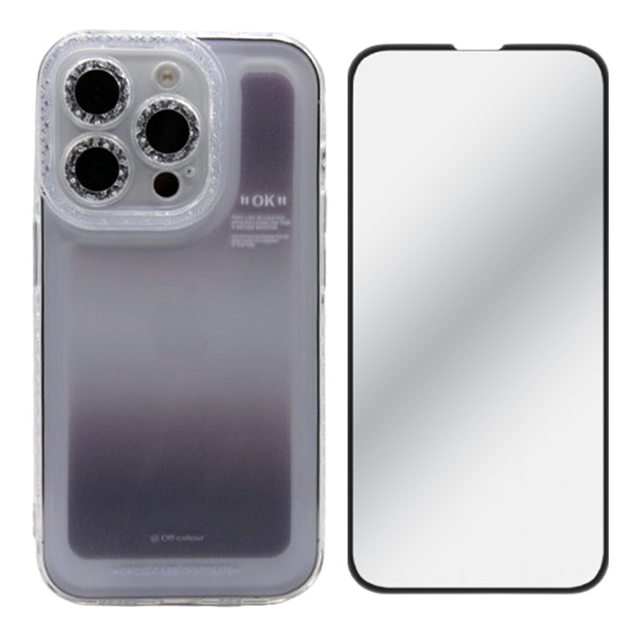 Set Folie Sticla Securizata 5D, Crystal Clean, Full Screen Cover si Husa Silicon Hard TPU pentru Apple Iphone 14 Pro, OPTIM SOLUTION, Matte Gray Tint Gradient Design, Ultra Protection, Perfect Slim Fit, Gri