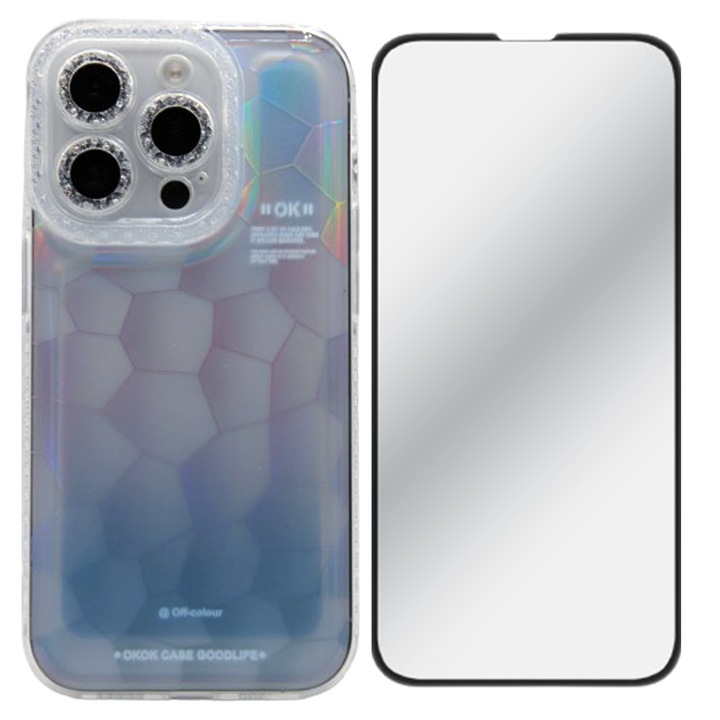 5D Secure üvegfólia készlet, kristálytiszta, tokbarát és szilikon kemény TPU tok Apple Iphone 14 Pro Max telefonhoz, OPTIM MEGOLDÁS, Holografikus 3D dizájn, Ultra védelem, Tökéletes vékony illeszkedés, kék