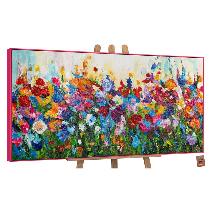 Tablou pictat manual, acrilic pe panza, Culori florale, cu rama in Roz, 200x100 cm