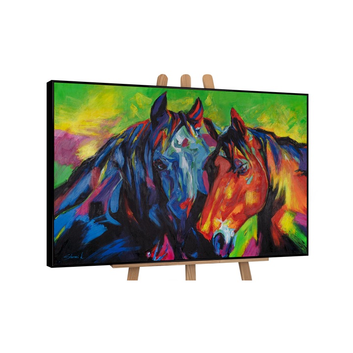 Tablou pictat manual, acrilic pe panza, Coame colorate, cu rama in Negru, 140x100 cm