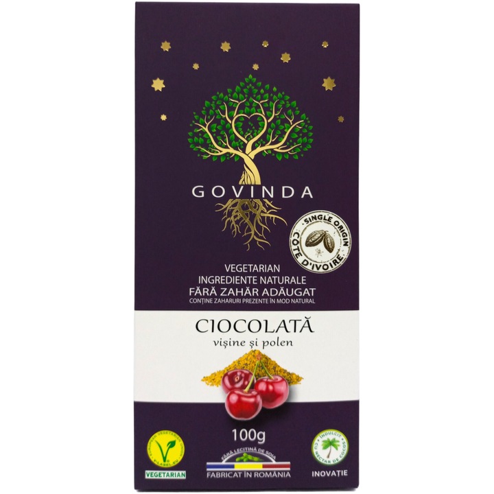 Ciocolata vegetariana artizanala 72% cacao, Visine si Polen, fara zahar, fara aditivi, 100g, Seva Plant