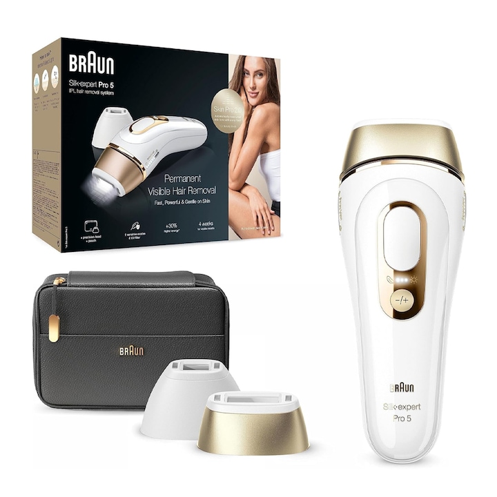 Epilator, Braun, Silk-expert Pro 5, 400.000 impulsuri, 2 varfuri, Cap de precizie, Alb
