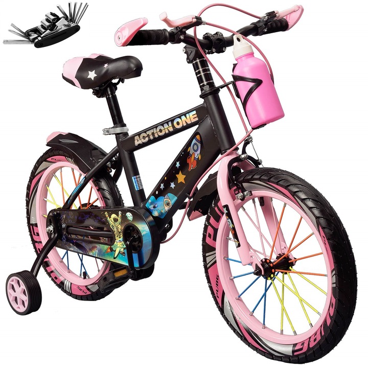Bicicleta copii 3-5 ani cu kit multifunctional pentru reparatii inclus, roti ajutatoare si bidon pentru apa in suport Kiddo II, 12 inch, roz