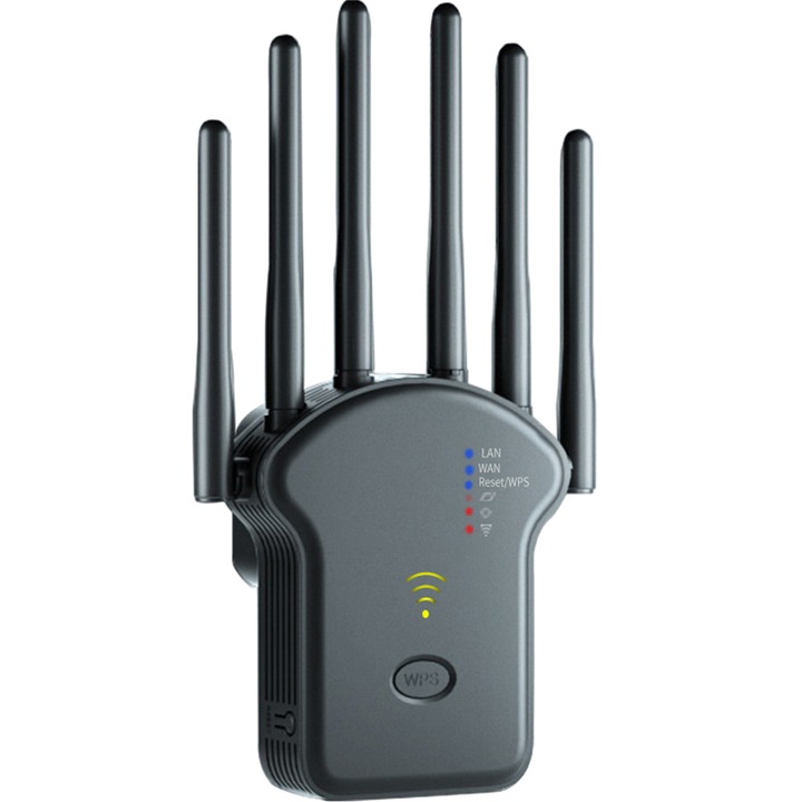 Amplificator Semnal Wireless, Axroad Mall, Trasnfer pana la 300Mbps, 2.4GHz WLAN, Conectare rapida WPS, Cu mod repetor si AP, Port LAN si WAN, 6 antene cu tehnologie MIMO, 8.9*4.3*19.8cm, Negru