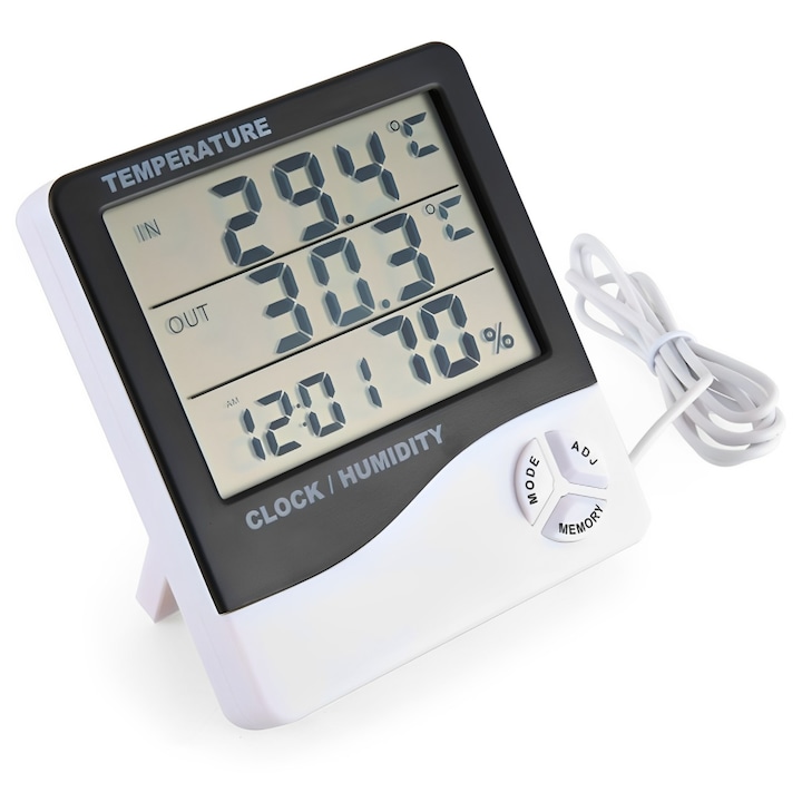 Termometru si higrometru de camera si exterior cu 1 transmitator cu fir 1.5 metri, ecran LCD, ceas, alarma, calendar, temperatura si umiditate, alb, Alikommerce AK