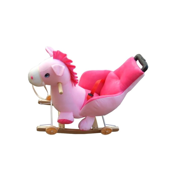 Balansoar muzical pentru copii, Loka®, Cu scaun din plus si spatar, maner retractabil, Mobil, Model Calut, Culoare roz