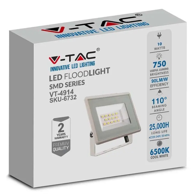 Proiector Led Vtac Proiector LED V-tac, 10W, 750 lm, lumina rece, IP65, alb - eMAG.ro